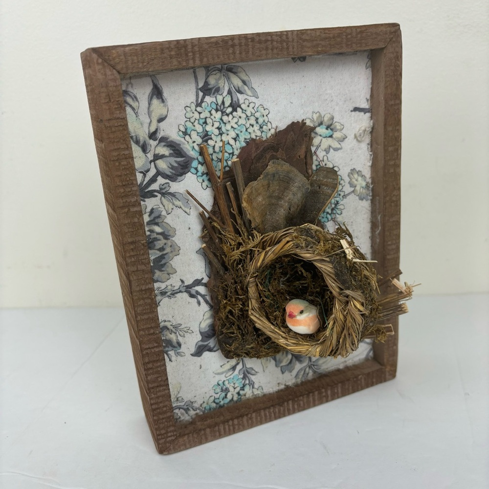 Lovingkindness home accents- Mixed media birds nest art in rustic frame